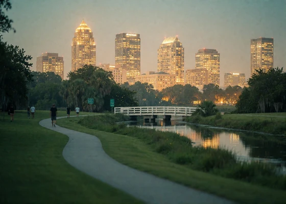 Green bayou park with a glowing Houston skyline rising beyond the trees at blue hour