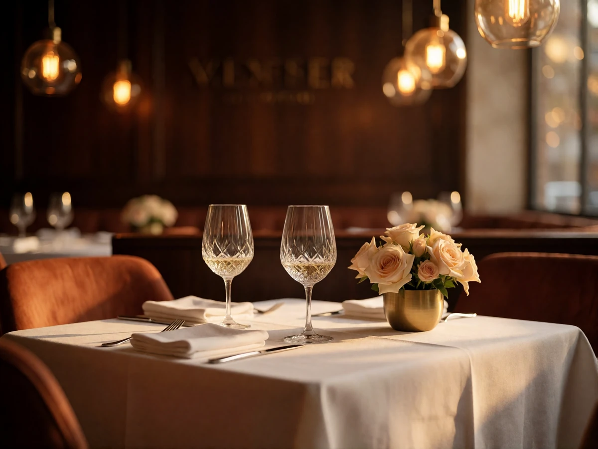 Intimate corner table set with white linen, crystal glasses and pale roses in an upscale Manhattan restaurant