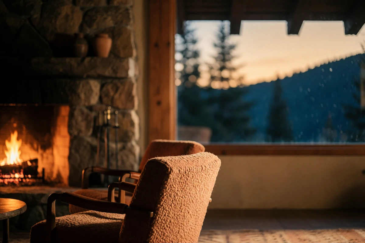 Mountain lodge lounge with a stone fireplace and dusk light over pine slopes near Denver