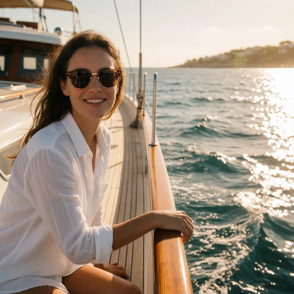 Woman relaxing on the deck of a sailing yacht off the San Diego coastline in late afternoon light