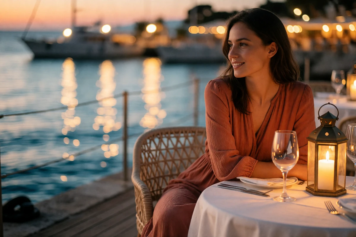 Woman in a terracotta dress at a candlelit harbor-side dinner table in Boston at dusk