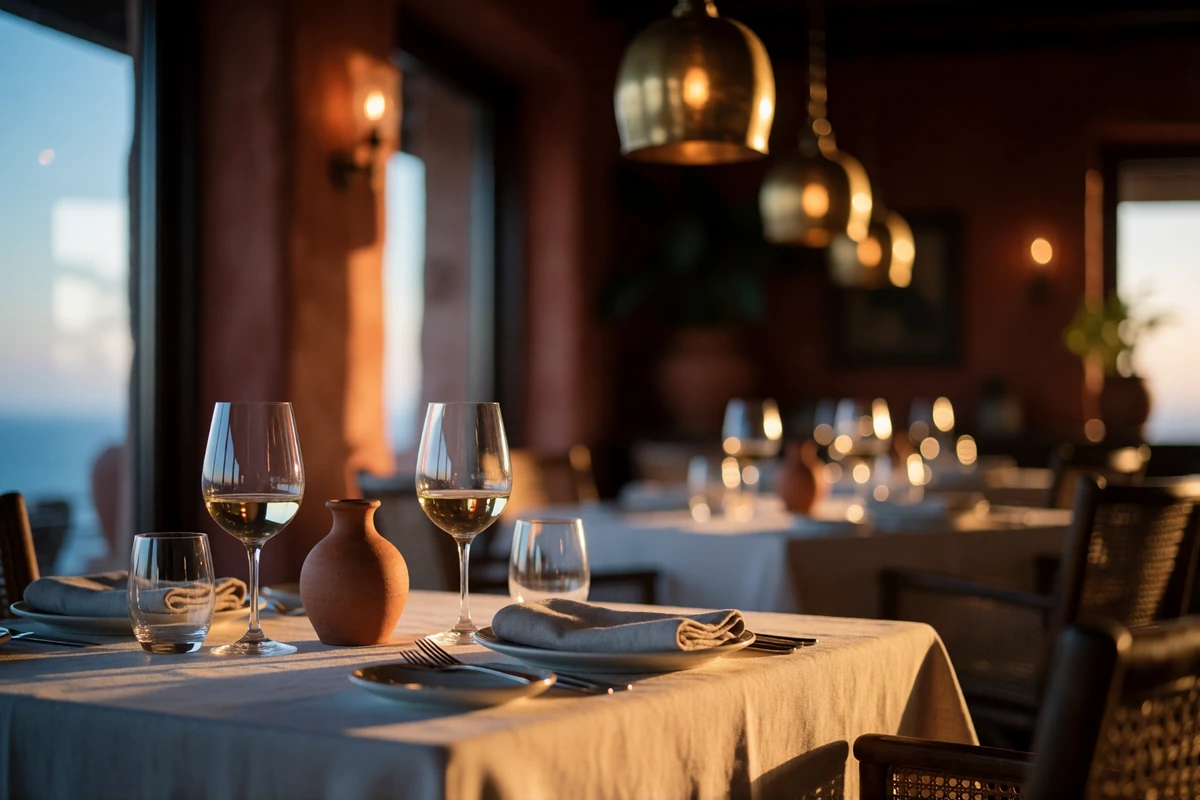 Upscale restaurant table set for two at dusk with wine glasses and warm pendant lighting