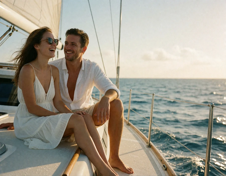 Smiling couple seated together on the deck of a sailing yacht at sea during golden hour