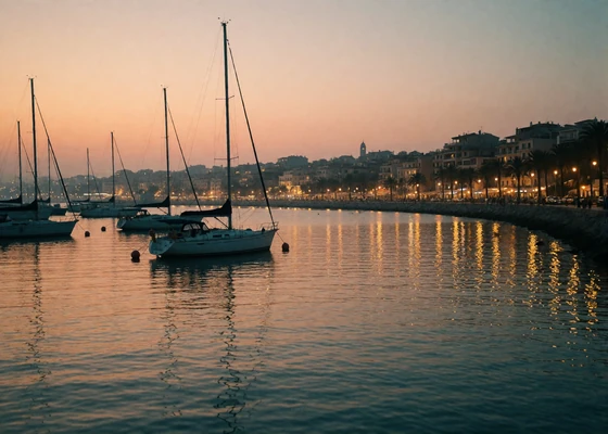 Calm San Diego harbor at dusk with sailboat masts silhouetted against a peach and indigo sky