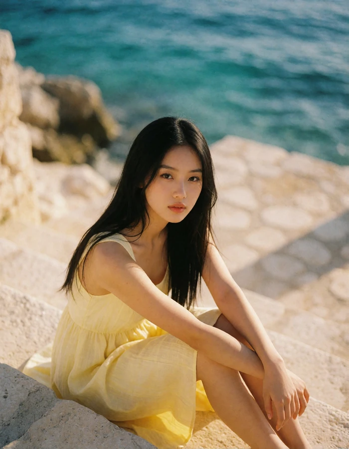 Woman in a pale yellow summer dress sitting on stone steps beside the sea
