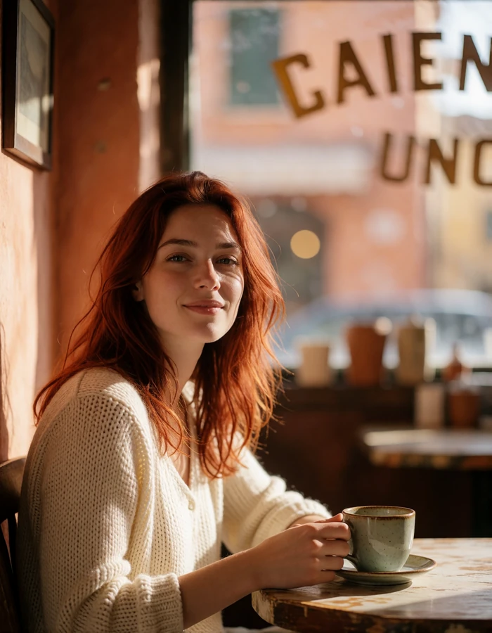 Woman with auburn hair smiling at a sunlit café table with a ceramic coffee cup