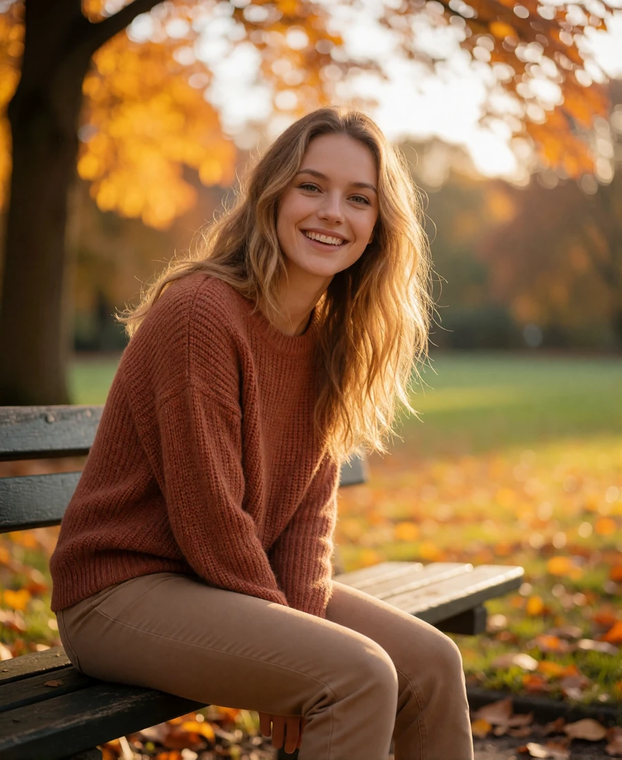 Woman in a terracotta knit sweater seated on a park bench in Lincoln Park, Chicago during autumn