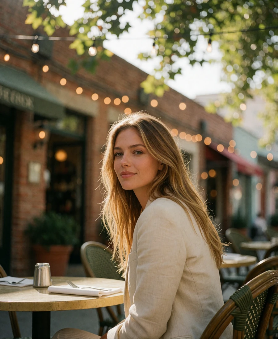 Woman with honey-blonde hair seated at an outdoor bistro table on a leafy Broad Ripple street