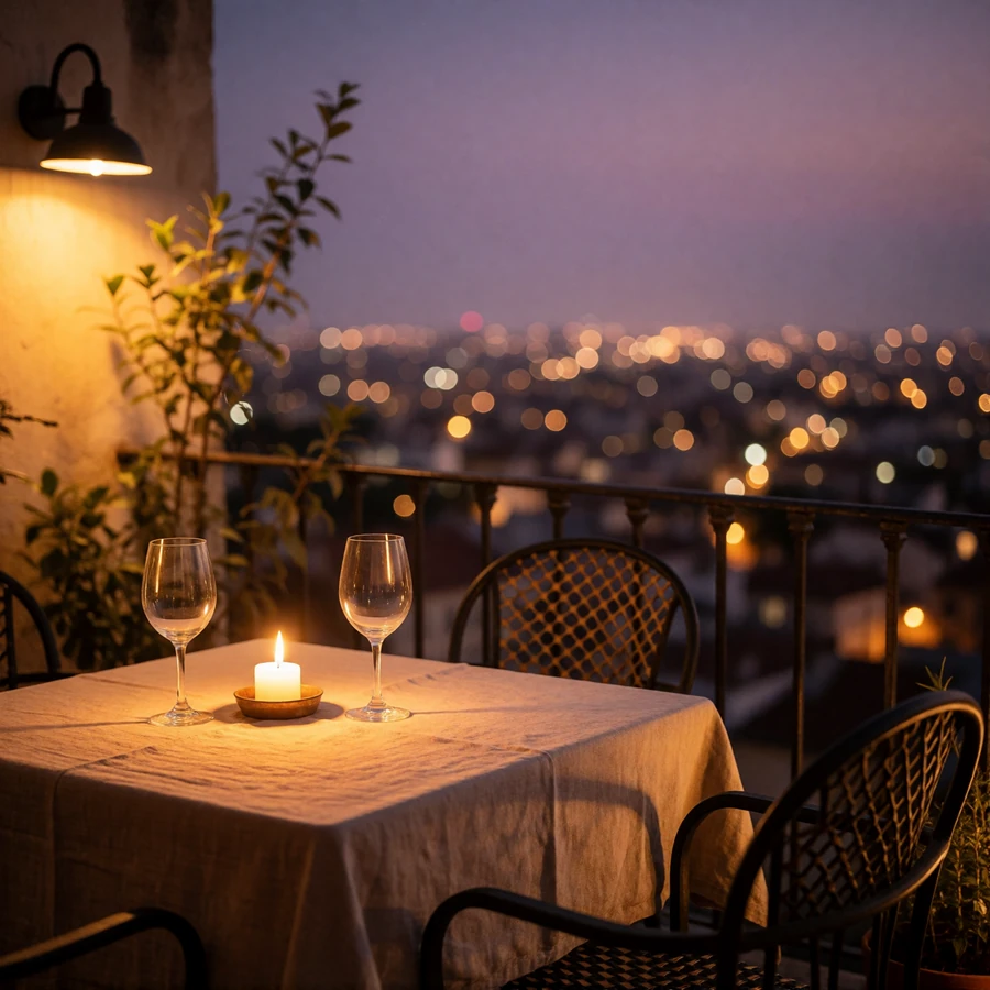 Candlelit hillside dinner table for two overlooking the city lights of Los Angeles at dusk