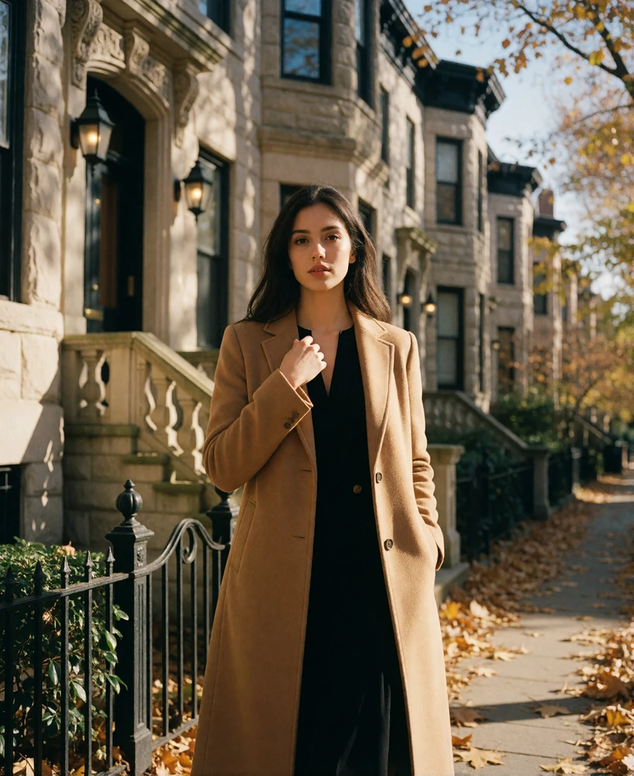 Woman in a tailored camel coat on a leafy Gold Coast street of historic Chicago townhouses
