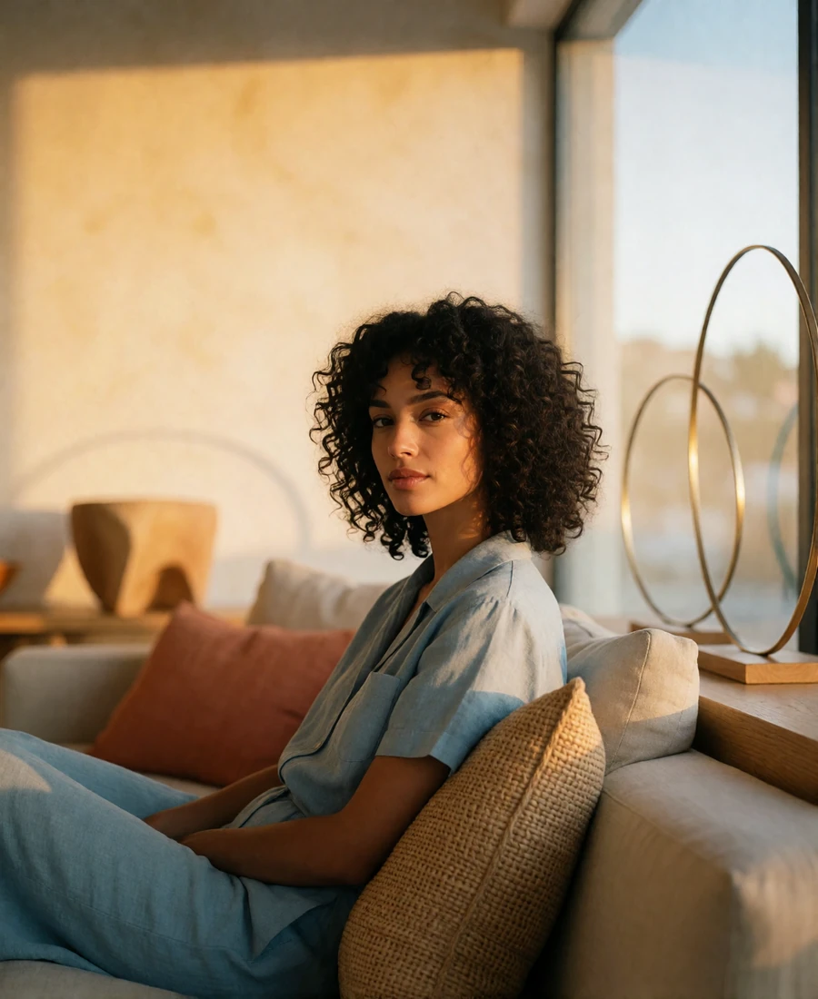 Stylish woman with dark curly hair sitting on a linen sofa in a sunlit Dallas design showroom