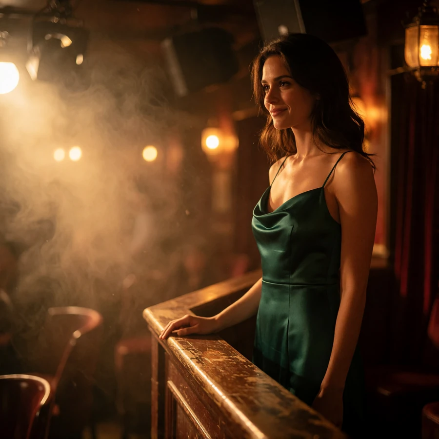 Woman in an emerald dress listening at the edge of an intimate Nashville live-music balcony