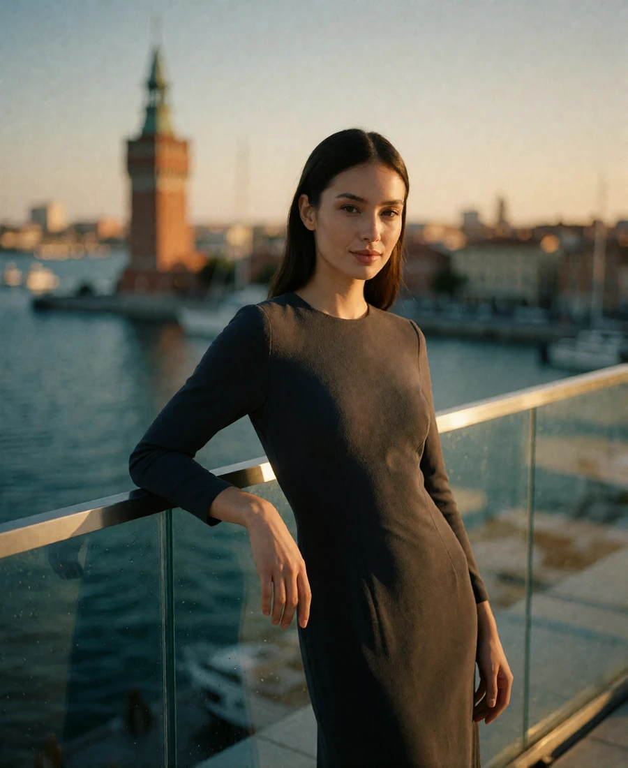 Woman in a fitted charcoal dress on a glass-walled Seattle rooftop terrace at sunset