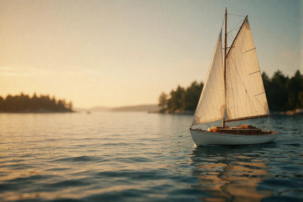 Classic sailing yacht crossing a calm Seattle harbor at sunset with forested islands in the distance