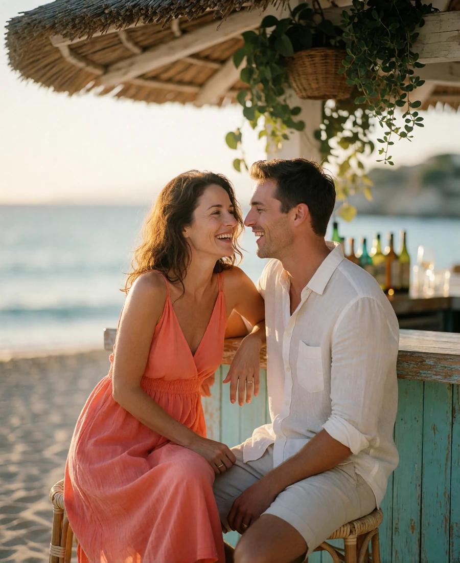 Couple laughing together at an open-air beach bar at sunset