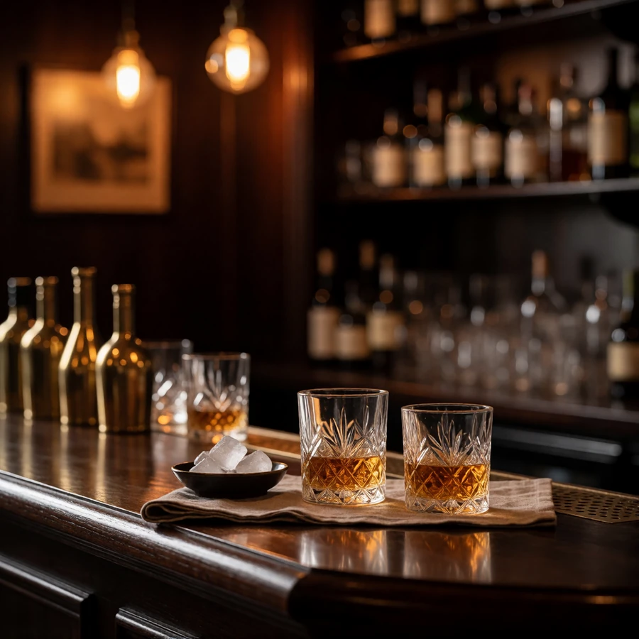 Two crystal tumblers of whiskey on a dark wood bar counter in a dimly lit Nashville lounge