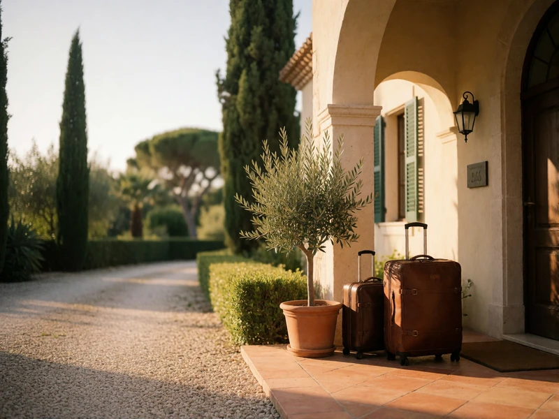 Shaded villa entrance with leather suitcases resting on terracotta tiles beside an olive tree