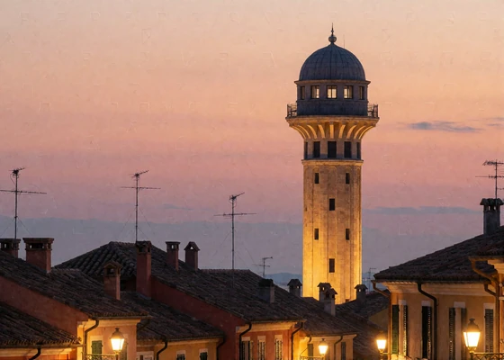 Slender observation tower rising over San Antonio's historic district at dusk