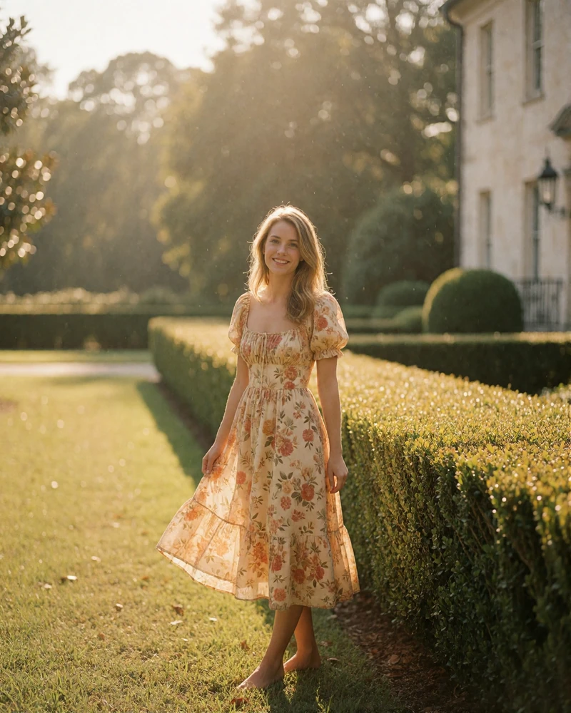 Woman in a floral tea dress standing in a manicured Nashville estate garden at golden hour