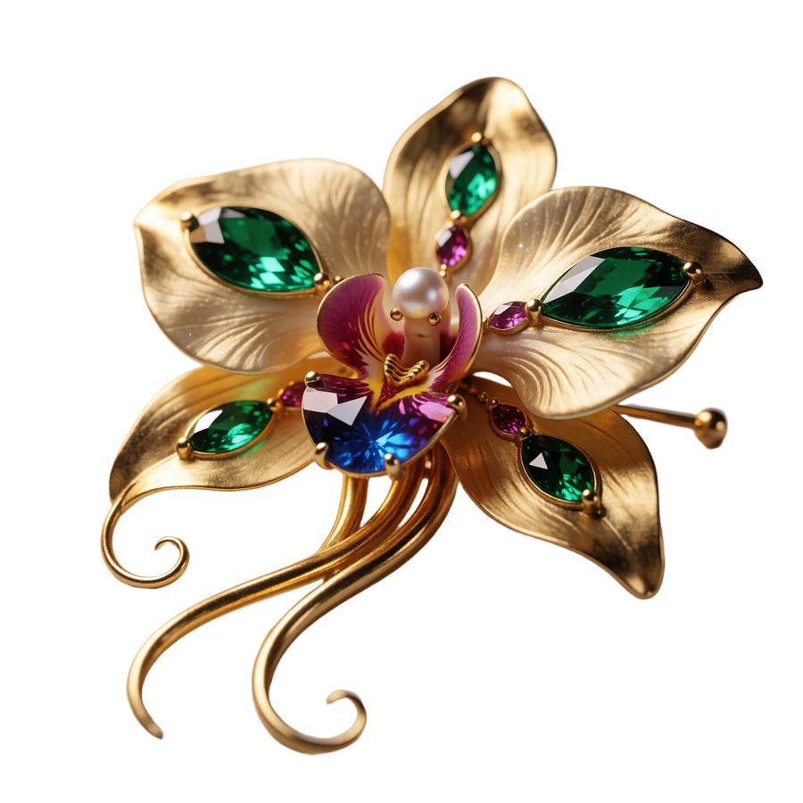 Gilded ornamental orchid brooch set with emerald, magenta and azure gemstones, the SugarLuxeMeet emblem