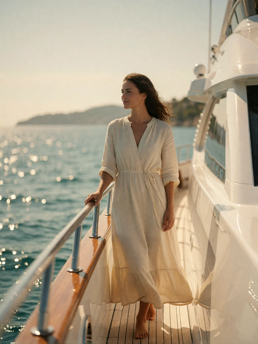 Woman in a cream linen dress standing barefoot on the teak side deck of a yacht, looking out to sea