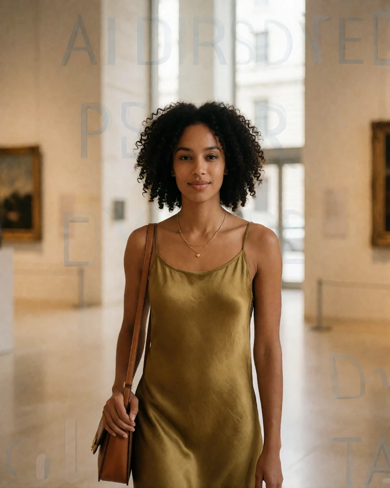 Woman with dark curls in an olive silk dress standing in a bright museum lobby