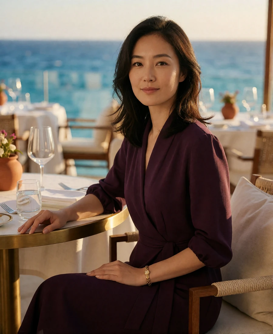 Woman in a deep-plum dress seated at an upscale San Diego ocean-view restaurant terrace