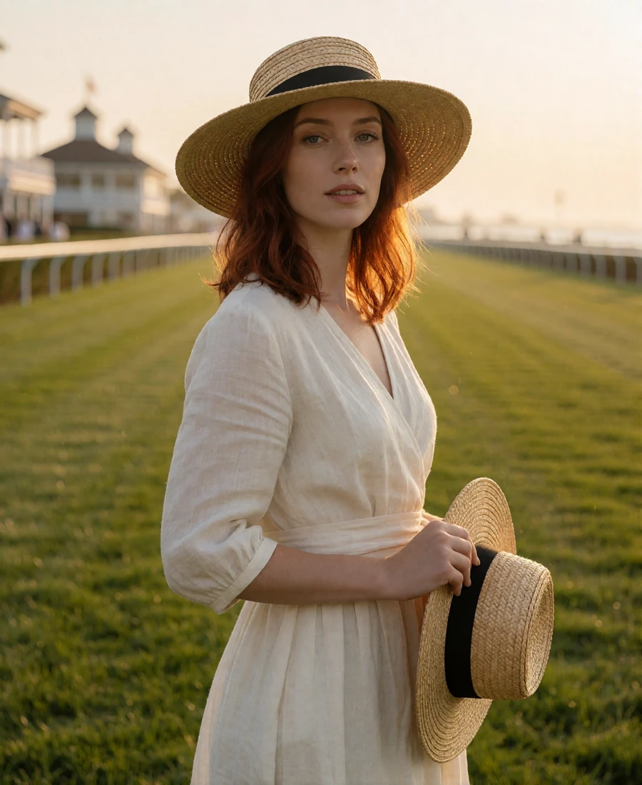 Woman in an ivory wrap dress holding a sun hat on a seaside lawn near Del Mar