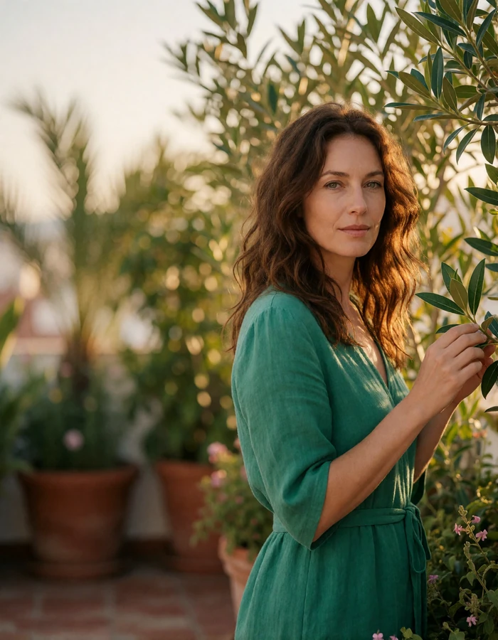 Woman in an emerald linen dress on a planted rooftop terrace beside greenery