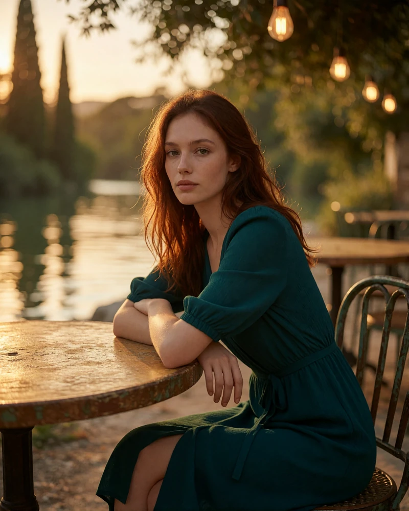 Woman in a teal dress seated at a shaded riverside terrace table in San Antonio at golden hour