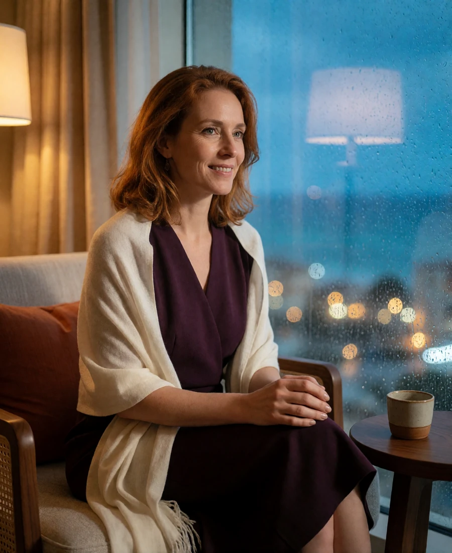 Woman in a deep plum dress seated by a window in an upscale hotel lounge with rain-softened city lights