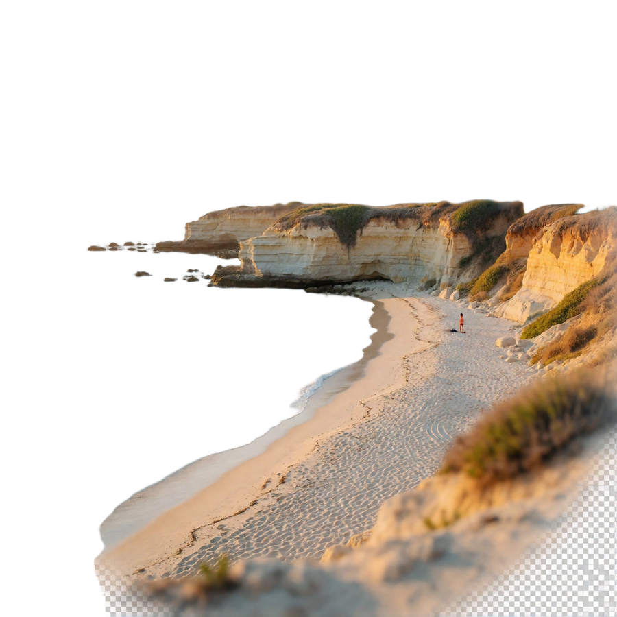 Circular photograph of pale sandstone cliffs and turquoise Pacific shallows near San Diego