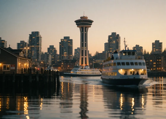 Seattle waterfront skyline with observation tower at dusk and ferries crossing the harbor