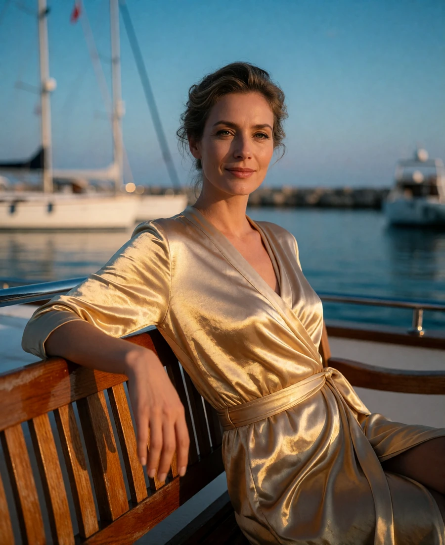 Woman in a gold-toned wrap dress seated on a yacht bench at a Miami marina in the evening