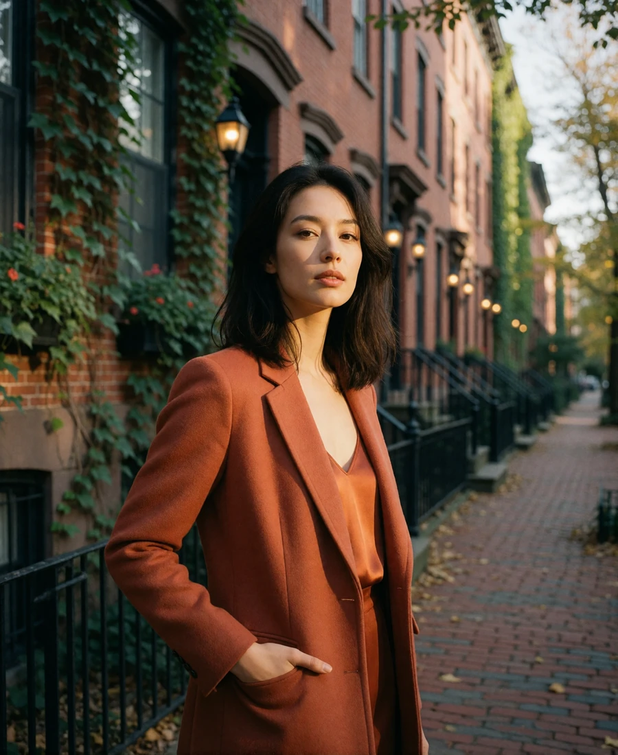 Woman in a terracotta blazer standing beside brick townhouses in German Village, Columbus
