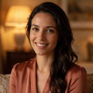 Smiling woman in her thirties in a terracotta silk blouse in a warmly lit interior