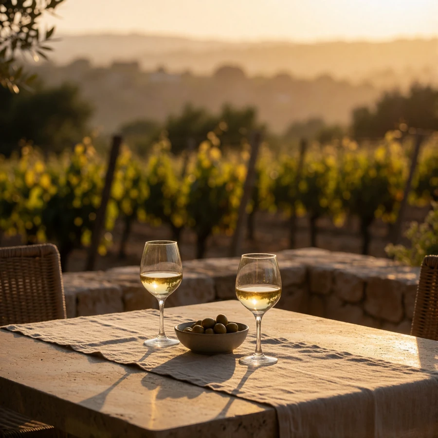 Two glasses of white wine on a shaded stone terrace overlooking Hill Country vineyards near San Antonio