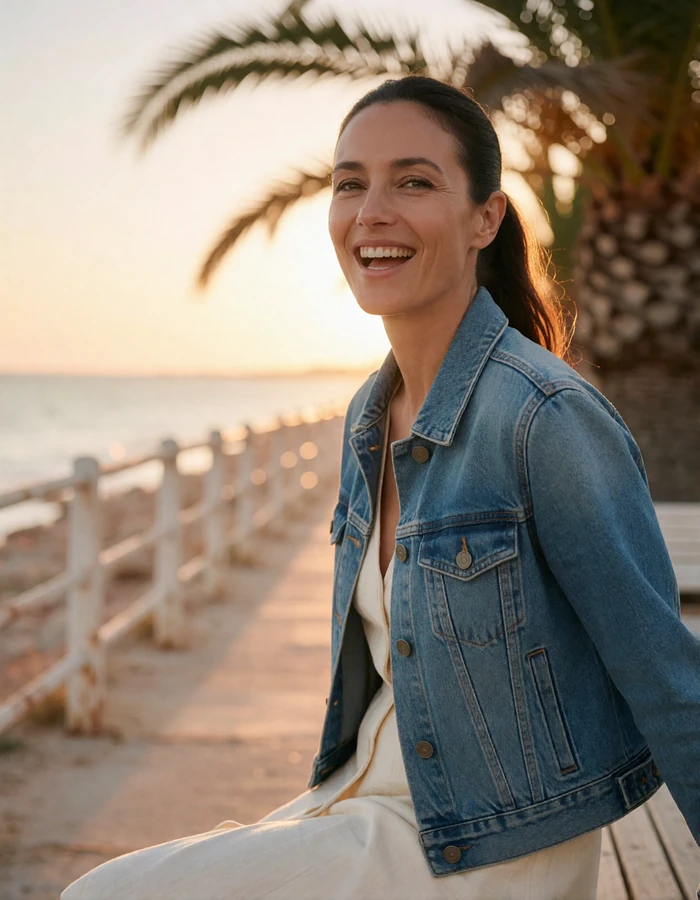Woman in a tailored denim jacket walking along a seaside boardwalk at golden hour