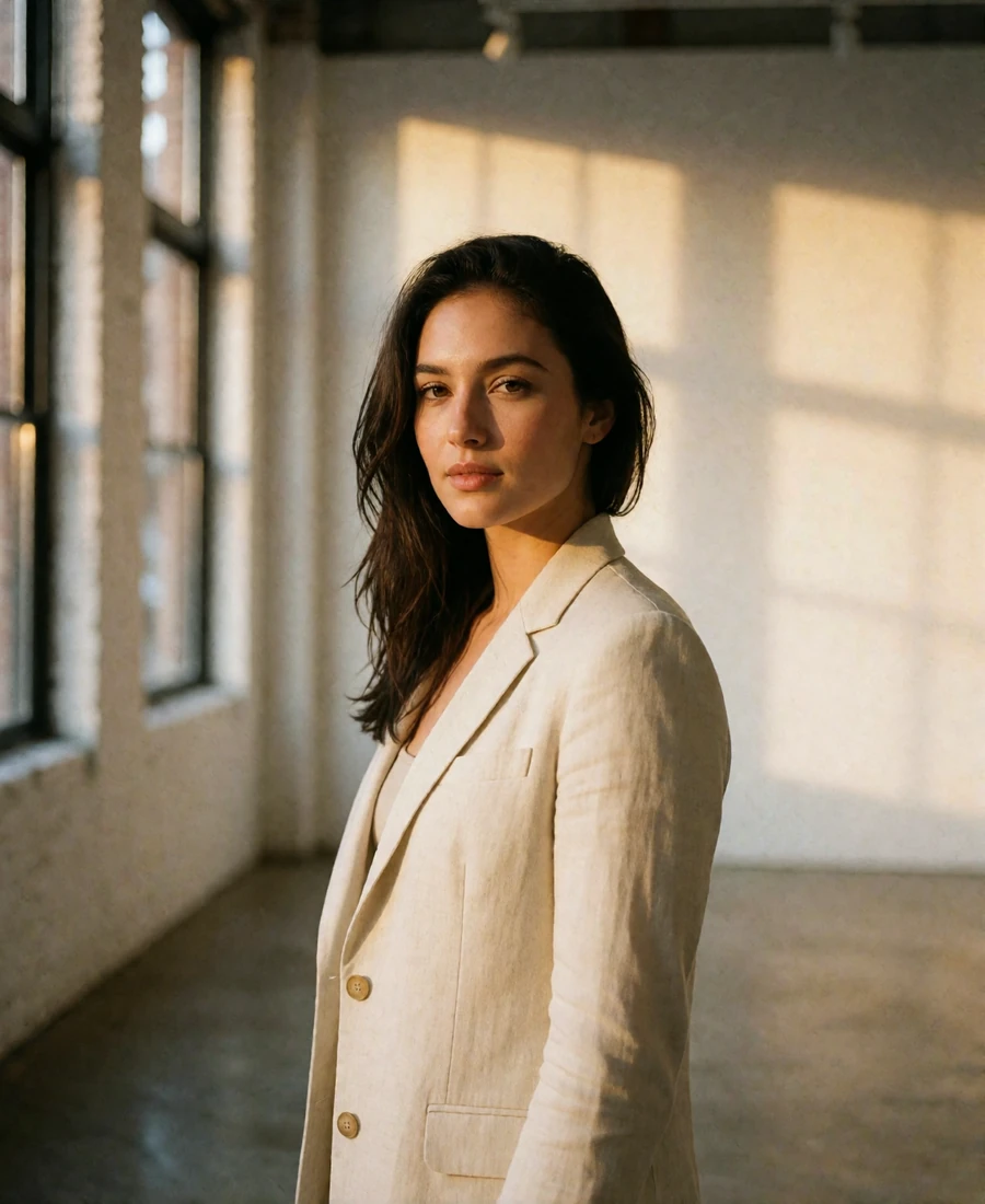 Woman in a cream linen blazer standing in a sunlit SoHo gallery interior