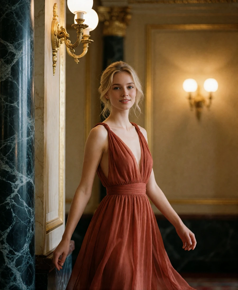 Woman in a terracotta evening gown standing beside a marble column in a Chicago theatre foyer