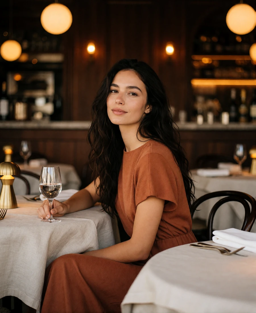 Poised woman with dark waves seated alone at a corner table in an upscale Dallas restaurant