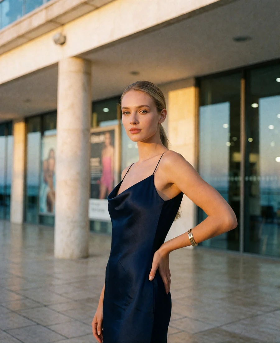 Woman in a midnight-blue satin gown beneath a plaza colonnade in the evening