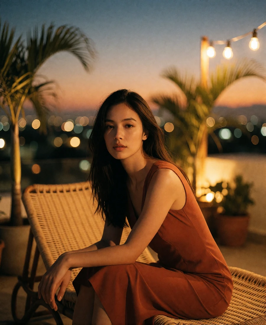 Woman in a terracotta midi dress seated on a rattan chair on a rooftop terrace at dusk