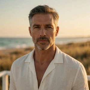 Composed man in his late forties in a white linen shirt near a coastal railing
