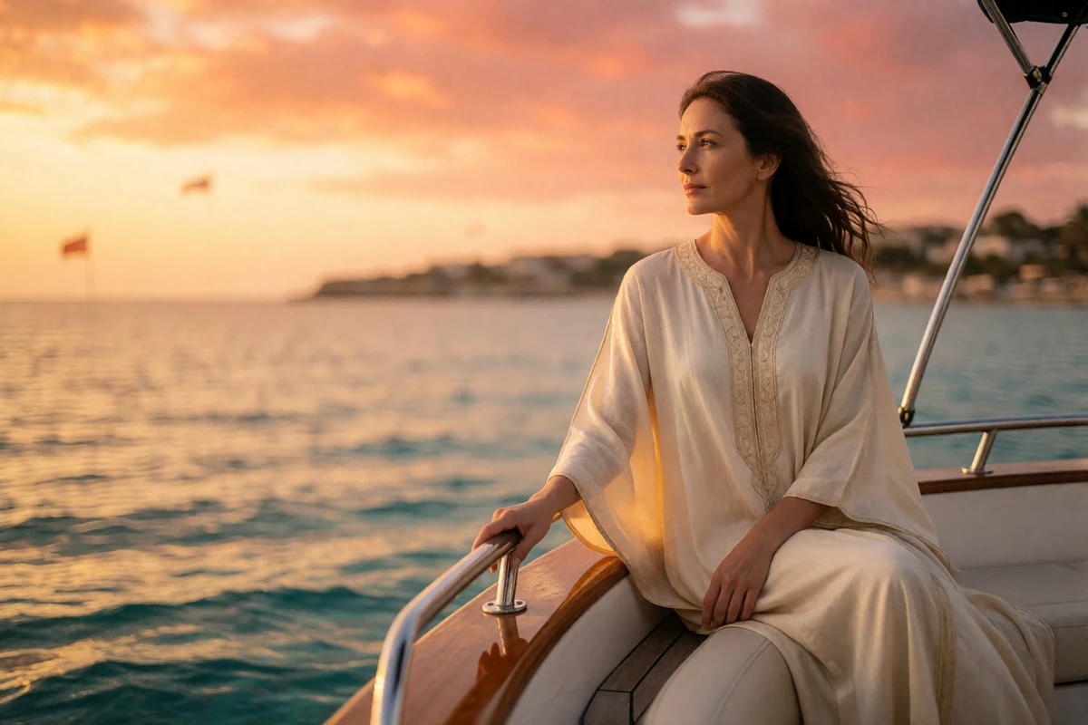 Woman in an ivory kaftan seated at the stern of a small motor yacht during a Miami sunset