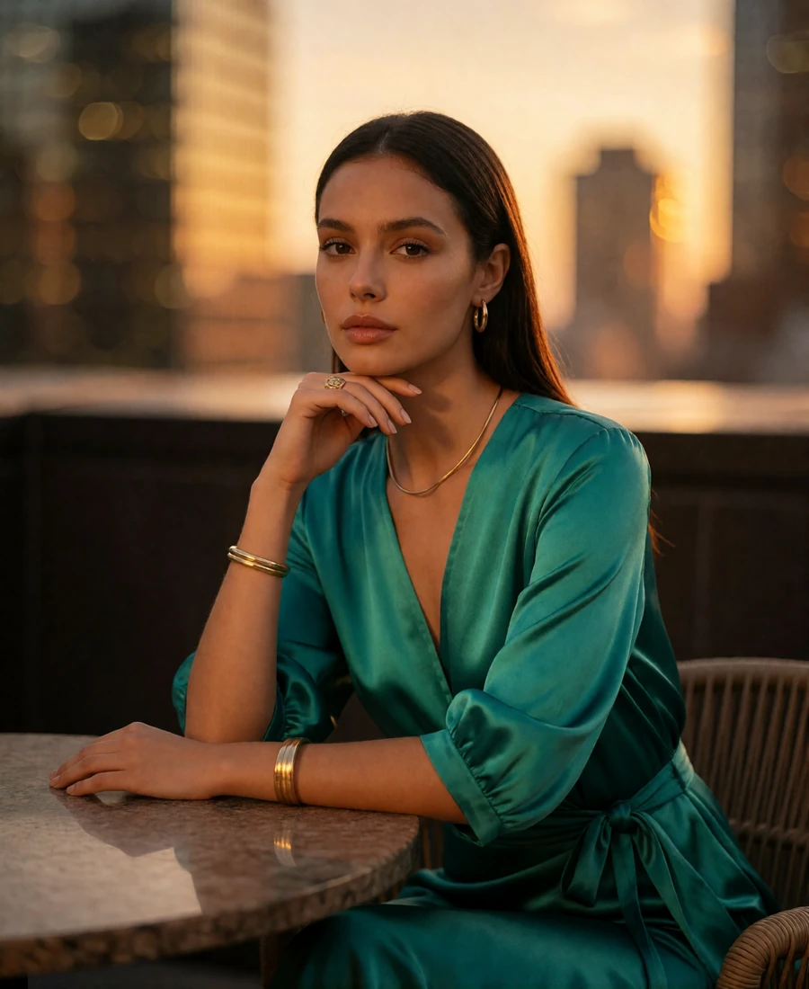 Woman in an emerald satin dress at a Brickell rooftop lounge table at dusk with the Miami skyline behind her