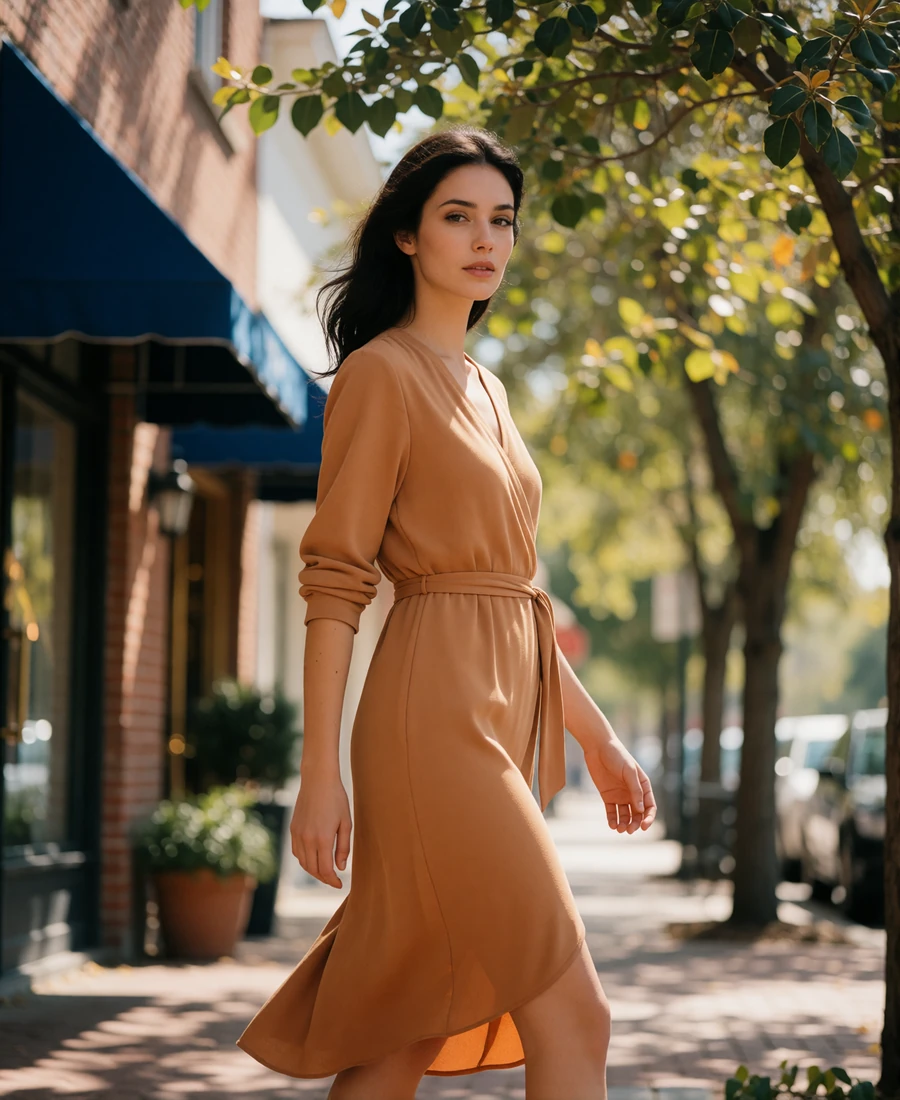 Woman in a tan wrap dress walking a tree-lined boutique street in Cherry Creek, Denver