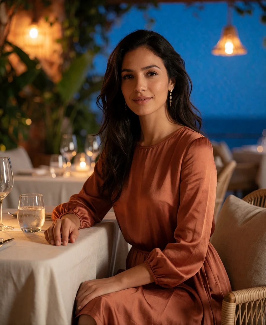 Woman in a terracotta silk dress seated at a refined restaurant terrace table in the evening