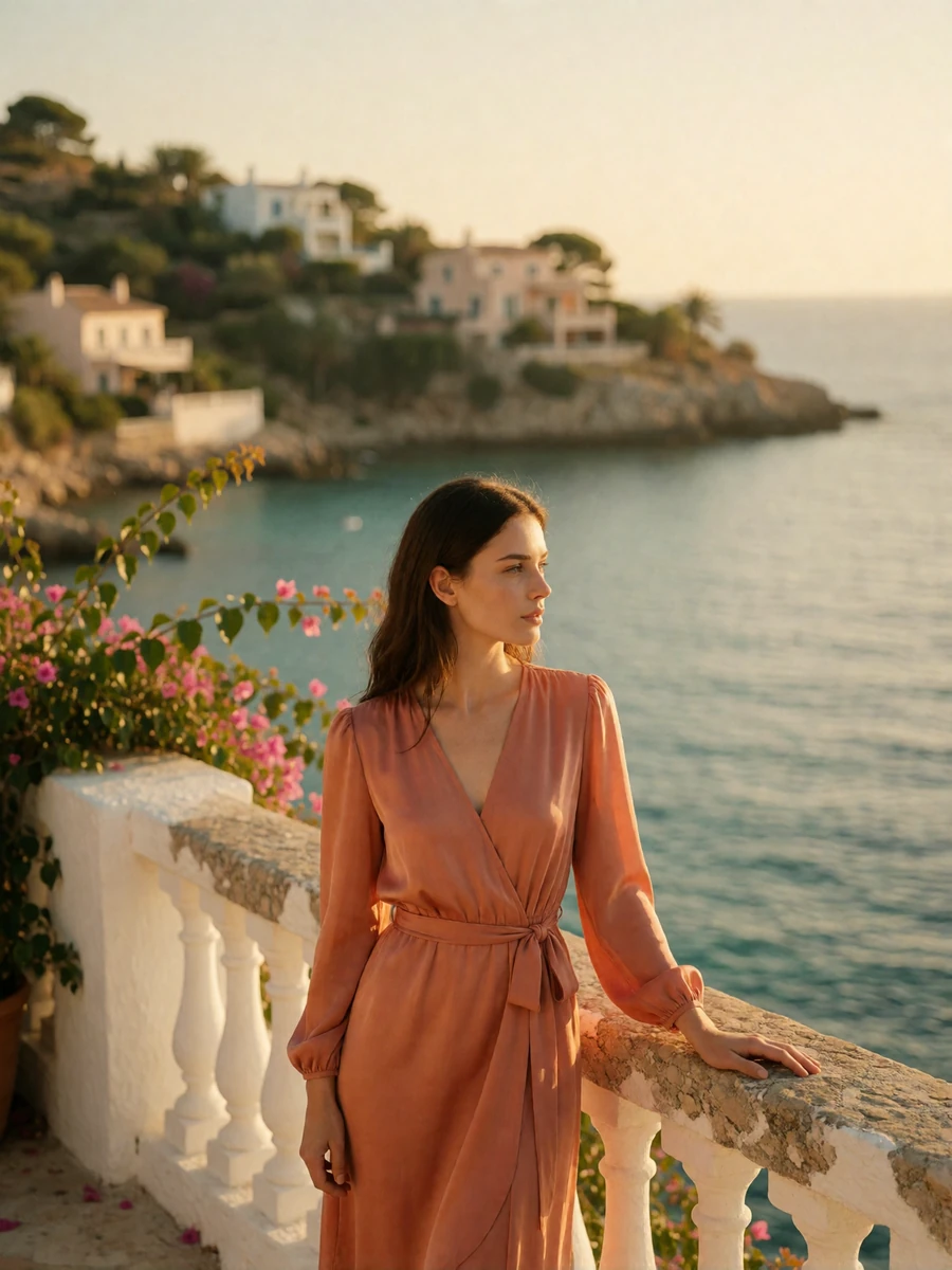 Elegant woman in a coral silk dress on a stone terrace overlooking a sunlit Mediterranean bay