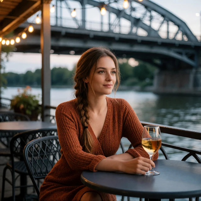 Woman in a rust knit dress at a riverside Portland café table at dusk near a lit steel bridge